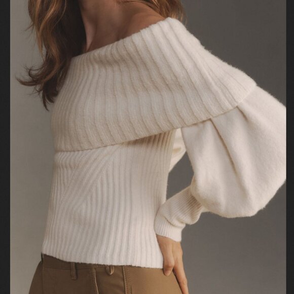 🤍✨ Anthropologie Tessa Off-The-Shoulder Cream Sweater Puff Balloon Sleeves M - Picture 3 of 13